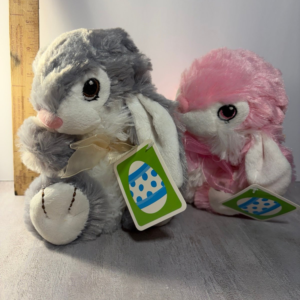 Dan Dee Bunny Rabbit Plush Gray pink  Stuffed Animal Sewn Eyes  7\" hop